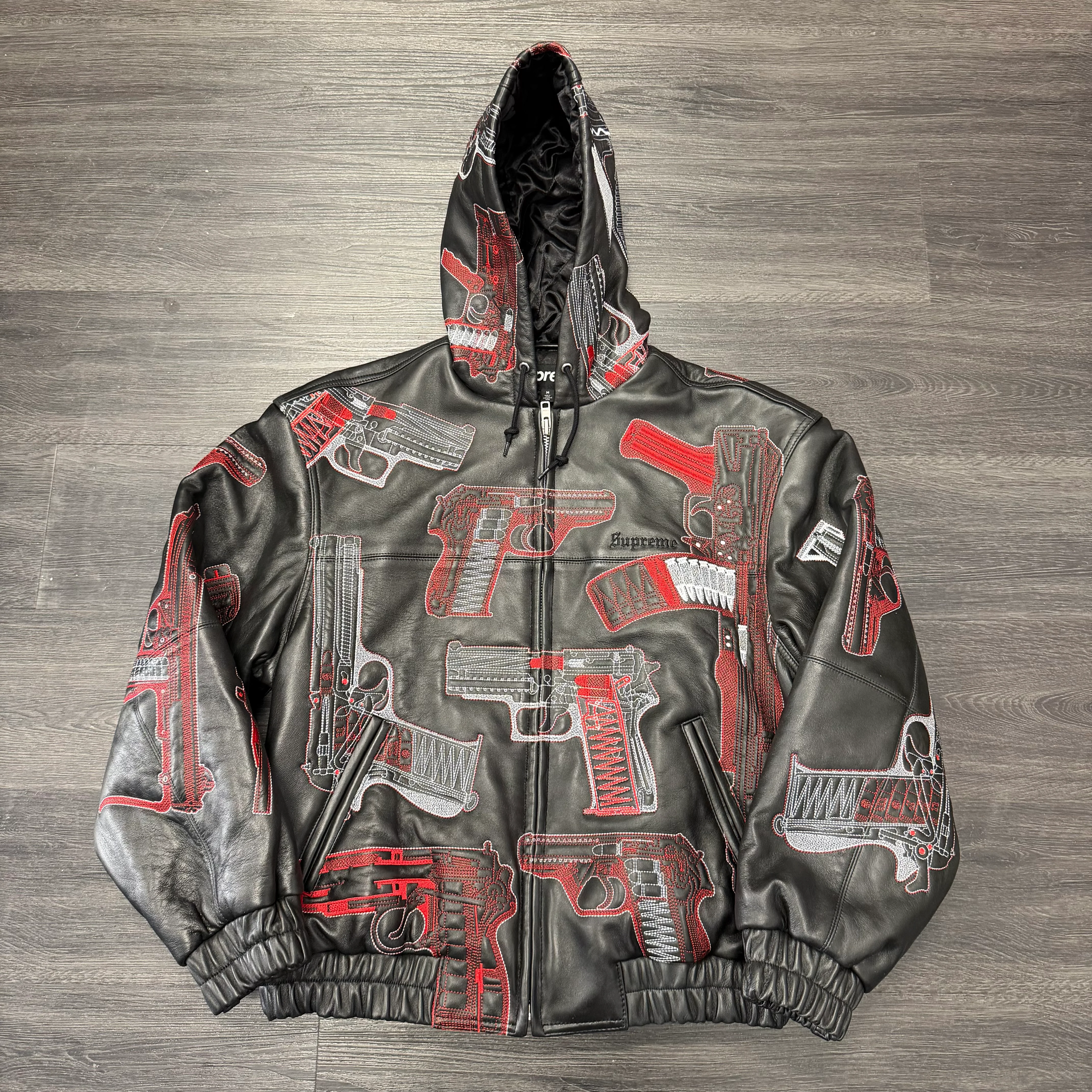 Supreme Guns Embroidered Hooded Leather Jacket